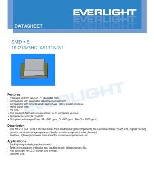PDF Document Cover - SMD LED 19-213/GHC-XS1T1N/3T Datasheet - Brilliant Green - 120° Viewing Angle - Water Clear Resin - 2.7-3.7V - 25mA - English Technical Document