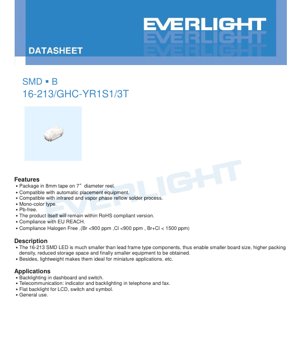 PDF Document Cover - SMD LED 16-213/GHC-YR1S1/3T Datasheet - Brilliant Green - 2.7-3.7V - 25mA - English Technical Document