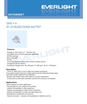 PDF Document Cover - SMD LED 91-21SUGC/S400-A4/TR7 Datasheet - 2.0x1.25x1.1mm - 3.5V - 25mA - Brilliant Green - English Technical Document