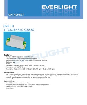 PDF Document Cover - SMD LED 17-223/BHR7C-C30/3C Datasheet - Blue & Dark-Red - 2.8x3.2x1.9mm - 3.2V/2.15V - 40mW/60mW - English Technical Document