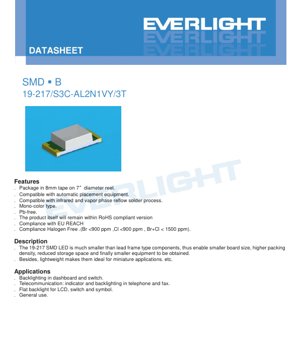 PDF Document Cover - SMD LED 19-217 Datasheet - Reddish Orange - 120° Viewing Angle - 5mA Forward Current - English Technical Document
