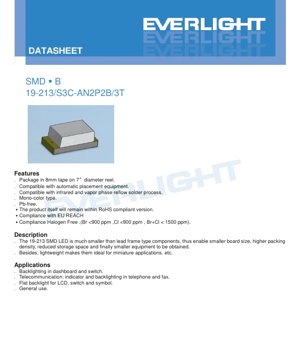 PDF Document Cover - SMD LED 19-213 Reddish Orange Datasheet - Package Dimensions - Forward Voltage 2.0V - Power Dissipation 60mW - English Technical Document