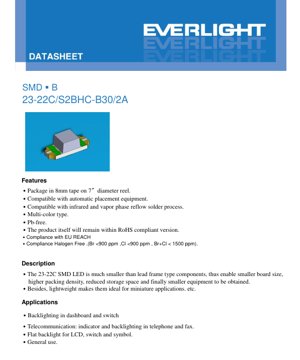 PDF Document Cover - SMD LED 23-22C/S2BHC-B30/2A Datasheet - 2.3x2.2mm - 2.0V/3.3V - 60mW/95mW - Brilliant Orange & Blue - English Technical Document