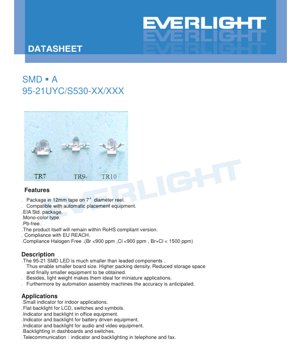 PDF Document Cover - SMD LED 95-21UYC/S530-XX/XXX Datasheet - Super Yellow - 2.0x1.25x0.8mm - 2.4V - 60mW - English Technical Document