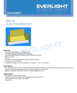 PDF Document Cover - SMD LED 19-21/T1D-CPQTY/3T Datasheet - 1.9x2.1mm - 3.0V Max - 40mW - Pure White - English Technical Document