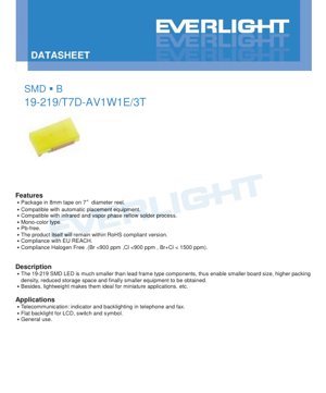 PDF Document Cover - SMD LED 19-219/T7D-AV1W1E/3T Datasheet - Size 1.6x0.8x0.77mm - Voltage 2.75-3.65V - Power 110mW - Pure White - English Technical Document