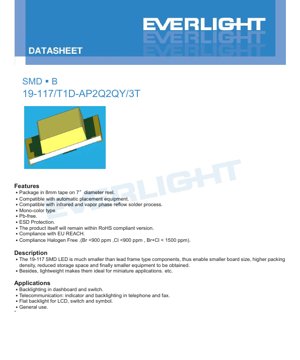 PDF Document Cover - SMD LED 19-117/T1D-AP2Q2QY/3T Datasheet - Pure White - 5mA - 2.7-3.2V - English Technical Document