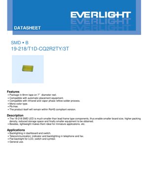 PDF Document Cover - SMD LED 19-218/T1D-CQ2R2TY/3T White LED Datasheet - Pure White - 5mA - 90-180mcd - English Technical Document
