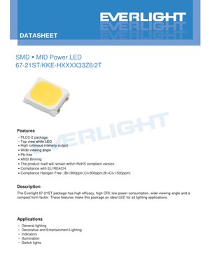 PDF Document Cover - SMD Mid-Power LED 67-21ST Datasheet - PLCC-2 Package - 3.3V Max - 60mA - White - English Technical Document