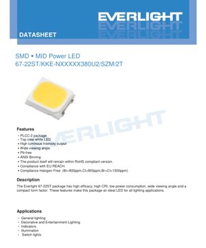 PDF Document Cover - SMD Mid-Power LED 67-22ST Datasheet - PLCC-2 Package - Voltage 34-38V - Current 25mA - White LED - English Technical Document