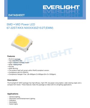 PDF Document Cover - SMD Mid-Power LED 67-22ST Datasheet - PLCC-2 Package - 3.0V Max - 150mA - White - English Technical Documentation
