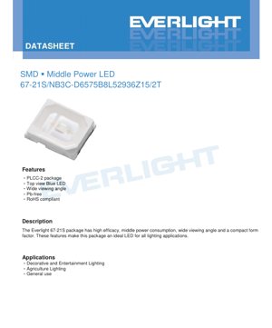 PDF Document Cover - SMD Middle Power Blue LED 67-21S Datasheet - PLCC-2 Package - 150mA - 3.2V Typ - 540mW - English Technical Document