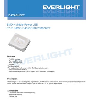 PDF Document Cover - SMD Middle Power Blue LED 67-21S/B3C Datasheet - PLCC-2 Package - 3.2V Typ - 0.27W Max - English Technical Document