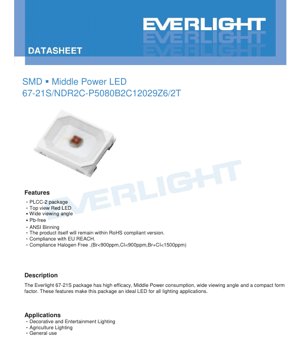 PDF Document Cover - SMD Middle Power Deep Red LED 67-21S - PLCC-2 Package - 2.0x1.25x0.7mm - 2.0-2.9V - 60mA - 40-100mW - English Technical Document