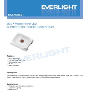 PDF Document Cover - SMD Middle Power Deep Red LED 67-21S Datasheet - PLCC-2 Package - 150mA - 405mW - English Technical Document