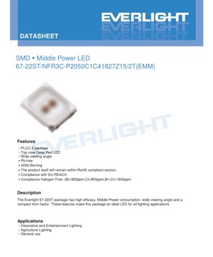 PDF Document Cover - SMD Middle Power LED 67-22ST Datasheet - PLCC-2 Package - 2.0x1.6x0.7mm - 1.8-2.7V - 150mA - Far Red (720-750nm) - English Technical Document