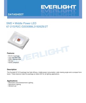 PDF Document Cover - SMD Middle Power Red LED 67-21S Datasheet - PLCC-2 Package - 1.9-2.6V - 70mA - 182mW - English Technical Document