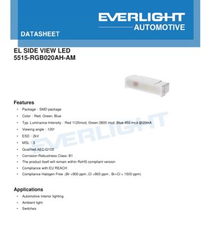 PDF Document Cover - 5515-RGB020AH-AM SMD RGB LED Datasheet - 5.5x1.5mm - Red/Green/Blue - 20mA - Automotive Grade
