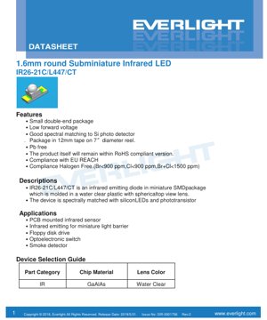PDF Document Cover - 1.6mm Round Subminiature Infrared LED IR26-21C/L447/CT Datasheet - Dimensions 1.6mm Dia - Voltage 1.3V - Power 130mW - Water Clear Lens - English Technical Document