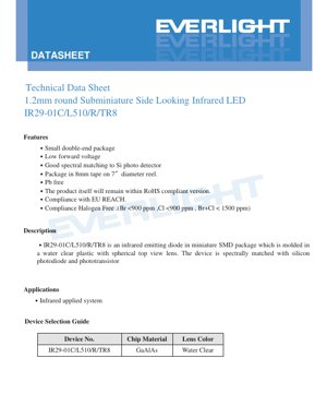 PDF Document Cover - IR29-01C/L510/R/TR8 LED Datasheet - 1.2mm Round SMD - 1.6V Forward Voltage - 940nm Infrared - 100mW Power - English Technical Document