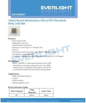 PDF Document Cover - 1.8mm Round Subminiature Silicon PIN Photodiode PD42-21B/TR8 Datasheet - Dimensions 1.8mm Dia - Black Lens - English Technical Document