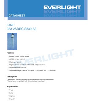 PDF Document Cover - LED Lamp 383-2SDRC/S530-A3 Datasheet - Super Deep Red - 650nm - 20mA - 60mW - English Technical Document