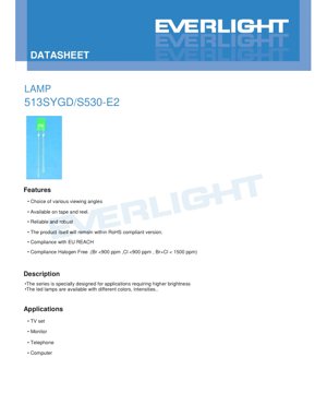 PDF Document Cover - 513S YGD/S530-E2 LED Lamp Datasheet - Super Yellow - 140° Viewing Angle - 2.4V Forward Voltage - 60mW Power Dissipation - English Technical Document
