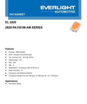 PDF Document Cover - 2820 SMD LED Datasheet - Package 2.8x2.0mm - Amber Color - 3.0V Typ. - 0.45W @ 150mA - English Technical Documentation
