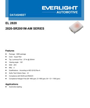 PDF Document Cover - 2820-SR2001M-AM LED Datasheet - SMD Package 2.8x2.0mm - Super Red 632nm - 27lm @ 200mA - Automotive Grade