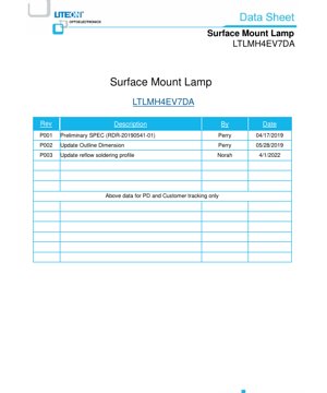PDF Document Cover - LTLMH4 EV7DA Surface Mount LED Lamp Datasheet - Dimensions 4.2x4.2x2.0mm - Voltage 2.2V - Power 120mW - Red 624nm - English Technical Document