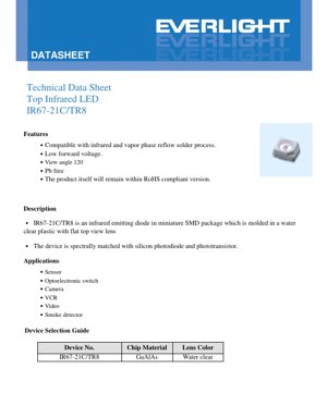 PDF Document Cover - IR67-21C/TR8 Top Infrared LED Datasheet - SMD Package - 940nm Peak Wavelength - 120° View Angle - English Technical Document