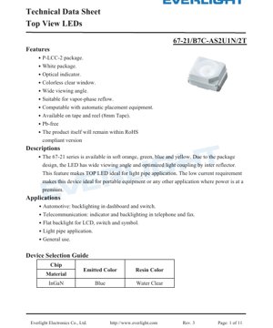 PDF Document Cover - Top View LED 67-21 Series Technical Data Sheet - P-LCC-2 Package - Blue 468nm - 20mA 3.2V - 120° Viewing Angle
