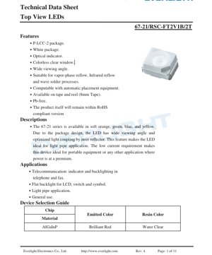 PDF Document Cover - Top View LED P-LCC-2 Package Technical Datasheet - Brilliant Red - 20mA - 120mW - English