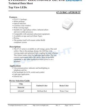 PDF Document Cover - Top View LED 67-21 Series Technical Data Sheet - Package 2.0x1.25x1.1mm - Forward Voltage 1.75-2.35V - Brilliant Red - 60mW - English