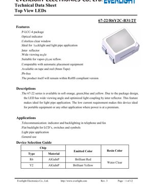 PDF Document Cover - Top View LED 67-22 Series Technical Data Sheet - P-LCC-4 Package - 2.0x1.25x1.1mm - 2.35V Max - 60mW - Red/Yellow - English