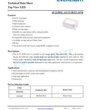 PDF Document Cover - Top View LED 45-21 Series Technical Data Sheet - P-LCC-2 Package - 1.75-2.35V Forward Voltage - 50mA Max Current - Brilliant Red Color - English