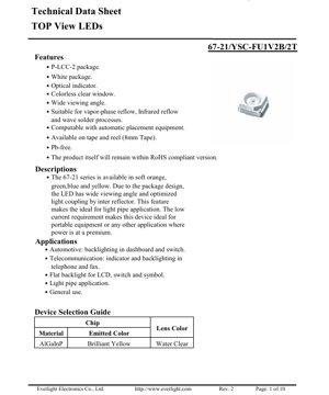 PDF Document Cover - Top View LED 67-21 Series Technical Datasheet - PLCC-2 Package - 2.0x1.25x1.1mm - 2.35V Max - 50mA - Soft Orange - English