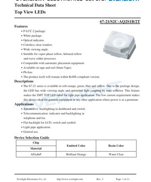 PDF Document Cover - Top View LED 67-21 Series Technical Data Sheet - Package 2.0x1.25x1.1mm - Forward Voltage 1.75-2.35V - Brilliant Orange Color - English