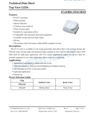 PDF Document Cover - Top View LED 67-21 Series - P-LCC-2 Package - White - 1.75-2.35V - 120mW - English Technical Document