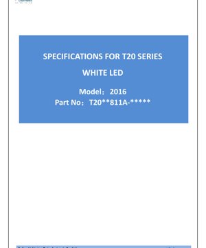PDF Document Cover - T20 Series White LED Specification - 2016 Package - 2.0x1.6x1.75mm - 11V Typ - 0.33W - English Technical Document