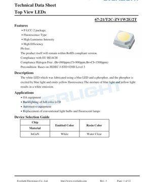 PDF Document Cover - Top View White LED 67-21/T2C-ZV1W2E/2T - P-LCC-2 Package - 2.75-3.65V - 110mW - Technical Data Sheet