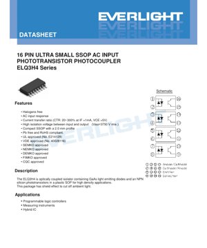 PDF Document Cover - ELQ3H4 Photocoupler Datasheet - 16-Pin SSOP Package - AC Input - CTR 20-300% - Isolation 3750Vrms - English Technical Document