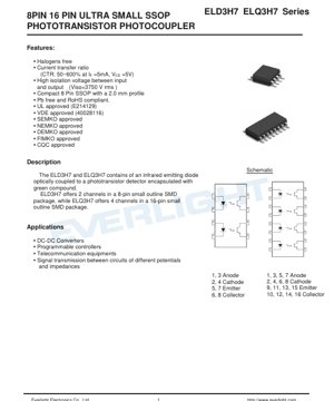 PDF Document Cover - ELD3H7 ELQ3H7 Photocoupler Datasheet - 8-Pin/16-Pin SSOP Package - Isolation Voltage 3750Vrms - CTR 50-600% - English Technical Document