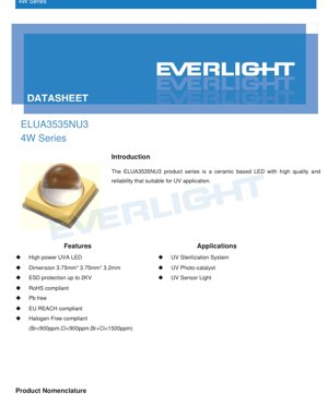 PDF Document Cover - ELUA3535NU3 UVA LED Datasheet - 3.75x3.75x3.2mm - 3.6-4.8V - 4W Series - English Technical Document