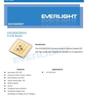 PDF Document Cover - UVC LED Datasheet UVC3535CZ0315 - 3.5x3.5x0.99mm - 5.0-8.0V - 2.4W Series - 270-285nm - English Technical Document