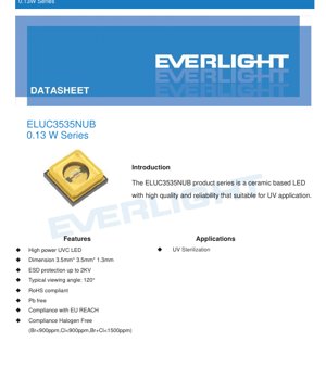 PDF Document Cover - ELUC3535NUB UVC LED Datasheet - 3.5x3.5x1.3mm - 5.0-7.5V - 0.13W - 270-285nm - English Technical Documentation