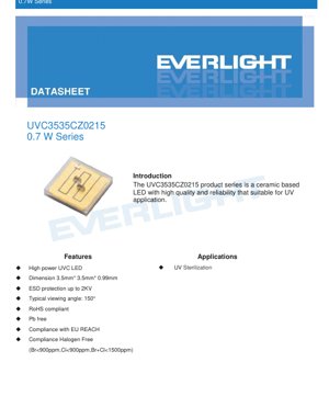 PDF Document Cover - UVC3535CZ0215 LED Datasheet - 3.5x3.5x0.99mm - 5.0-8.0V - 0.7W - 270-285nm - English Technical Documentation