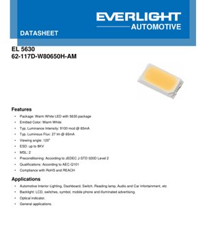 PDF Document Cover - 5630 Warm White LED Datasheet - Package 5.6x3.0mm - Voltage 2.9V - Luminous Flux 27lm - English Technical Document