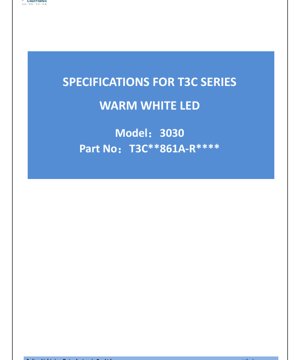PDF Document Cover - T3C Series 3030 Warm White LED Datasheet - Size 3.0x3.0mm - Voltage 56-58V - Power 1.45W - English Technical Document