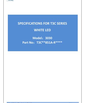 PDF Document Cover - T3C Series White LED 3030 Specification Sheet - Dimensions 3.0x3.0x0.52mm - Voltage 48-50V - Power 1.5W - English Technical Document